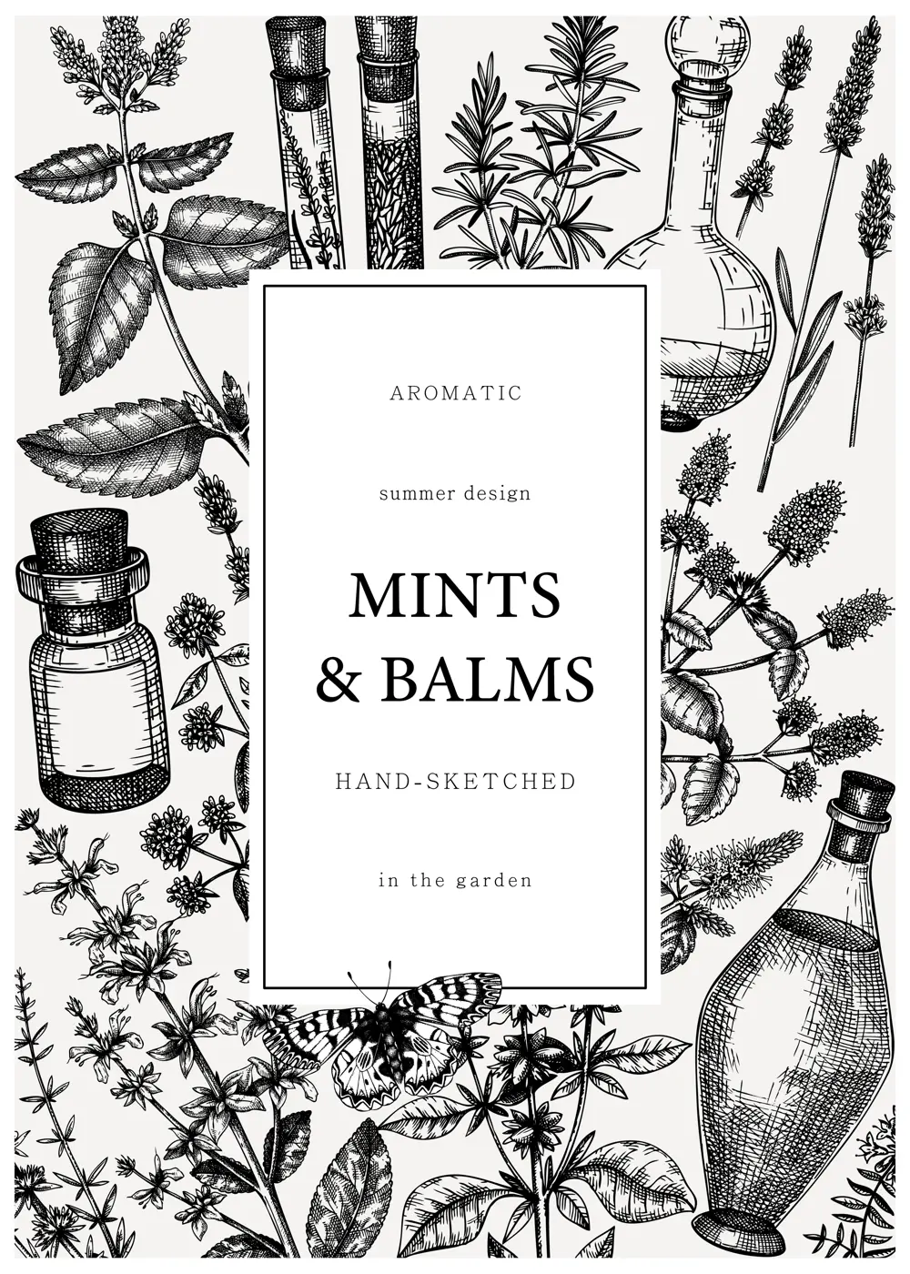 Hand-drawn perfumery and cosmetics ingredients card. Decorative background with vintage mints and balms herbs for perfumery. Organic cosmetics design template. Aromatic plants flyer Illustration